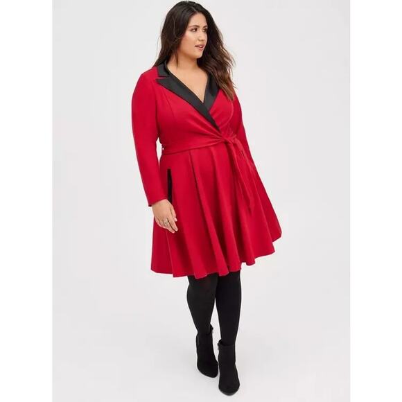 torrid Dresses & Skirts - Torrid Tuxedo Dress Mini Skater Jester Red NWT 24 Vneck Satin Long Sleeve Belted